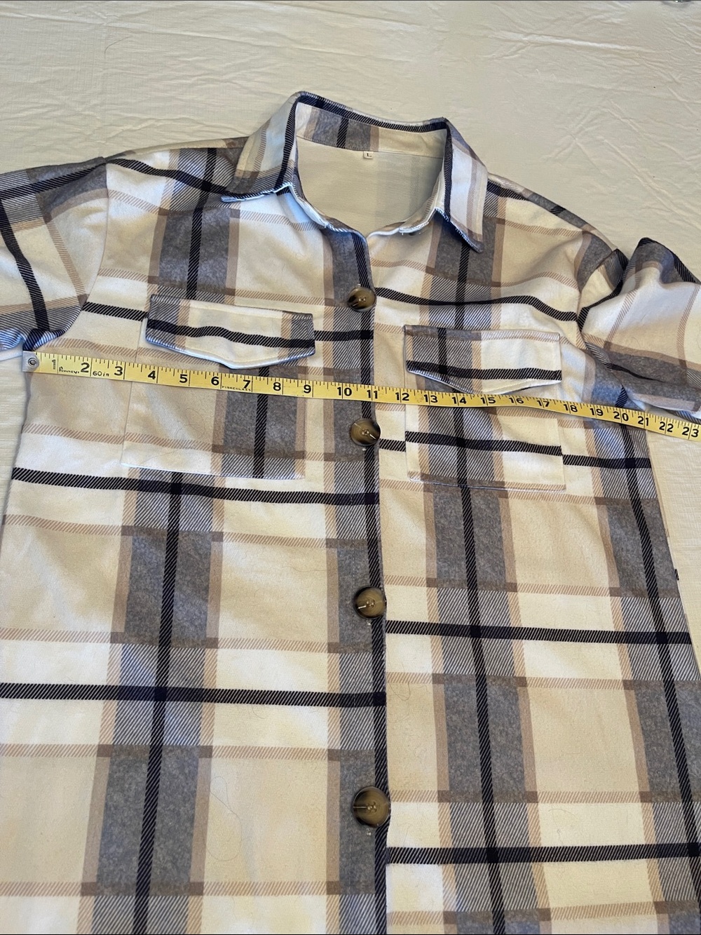 Long Plaid Shacket Coat in Cream & Gray - Picture 5 of 10